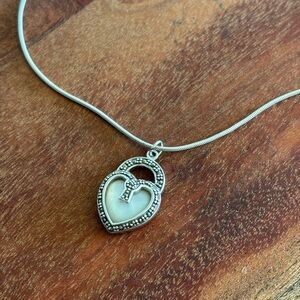 Sterling Silver 925 Heart Marcasite & Mother of Pearl Vintage Necklace 18" Chain